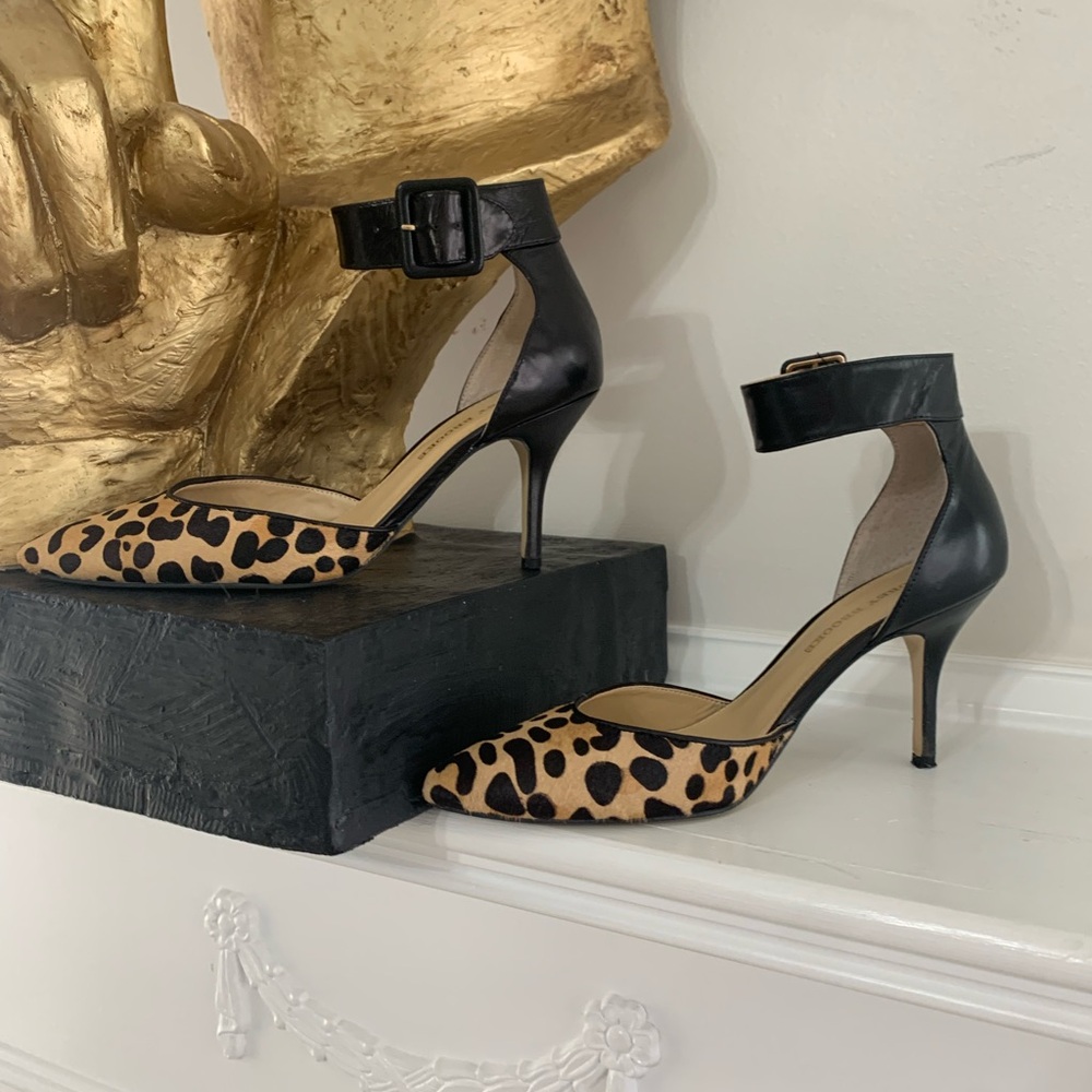 Audrey Brooke Brown and Black Leopard Print Heels with Ankle Strap - Picture 2 of 5